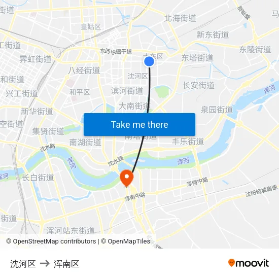 沈河区 to 浑南区 map