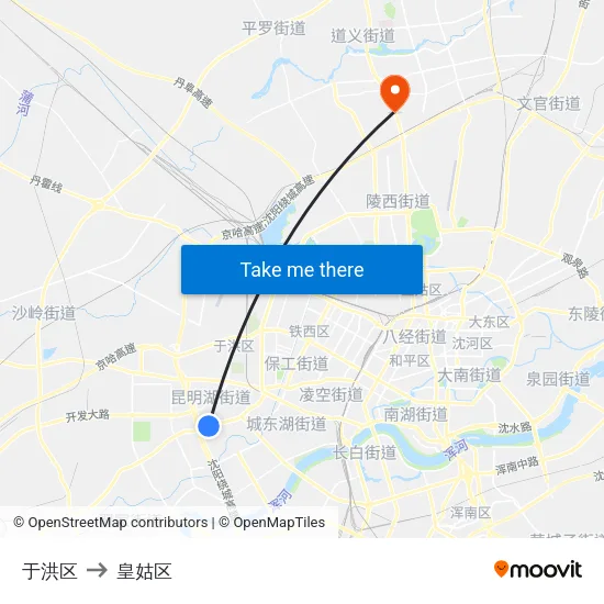 于洪区 to 皇姑区 map