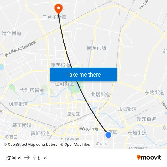 沈河区 to 皇姑区 map
