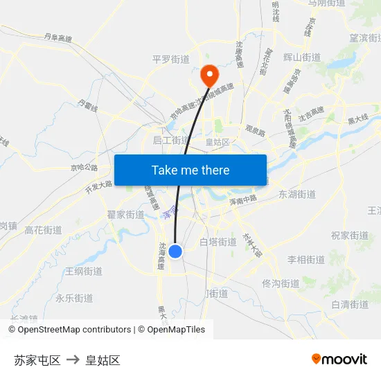 苏家屯区 to 皇姑区 map