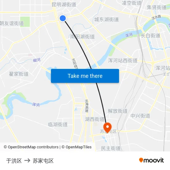 于洪区 to 苏家屯区 map