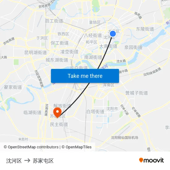 沈河区 to 苏家屯区 map