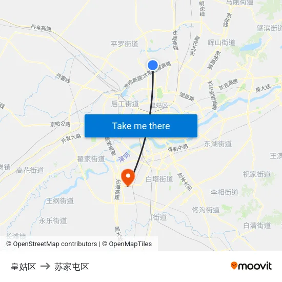 皇姑区 to 苏家屯区 map