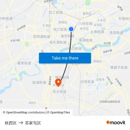 铁西区 to 苏家屯区 map