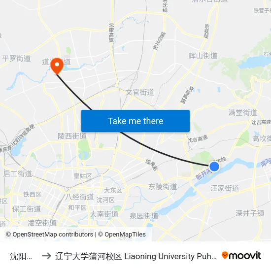 沈阳鸟岛 to 辽宁大学蒲河校区 Liaoning University Puhe Campus map