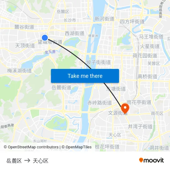 岳麓区 to 天心区 map