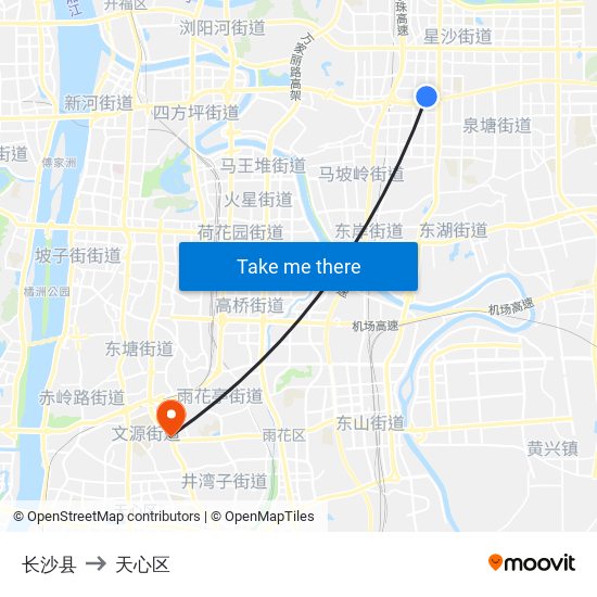 长沙县 to 天心区 map