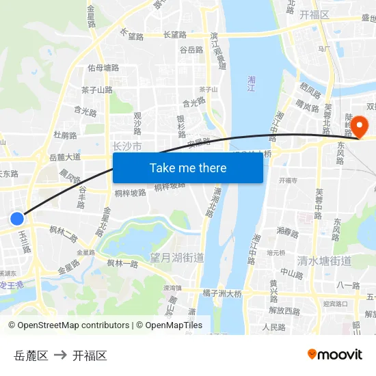 岳麓区 to 开福区 map