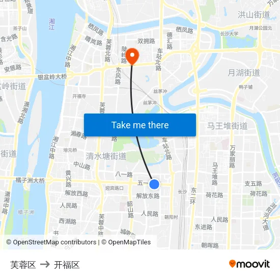 芙蓉区 to 开福区 map