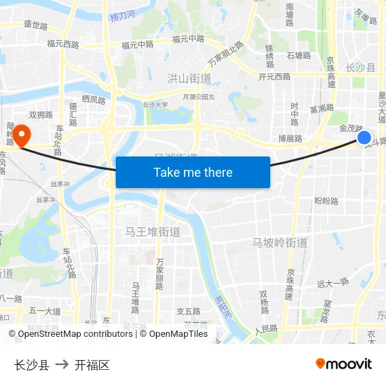 长沙县 to 开福区 map