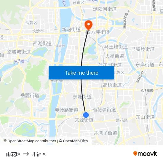 雨花区 to 开福区 map