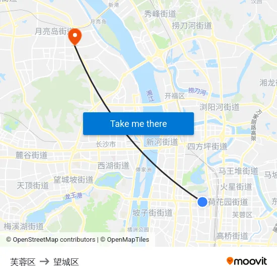 芙蓉区 to 望城区 map