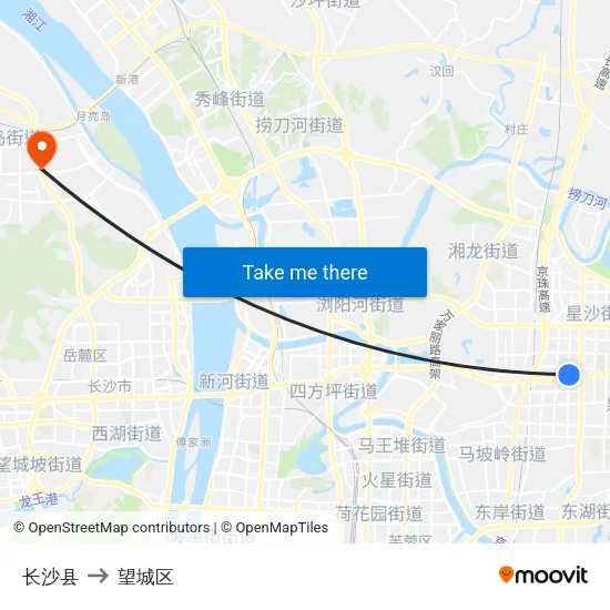 长沙县 to 望城区 map