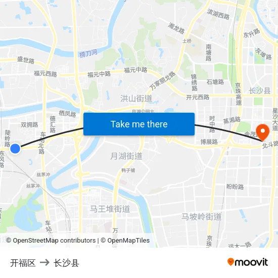 开福区 to 长沙县 map