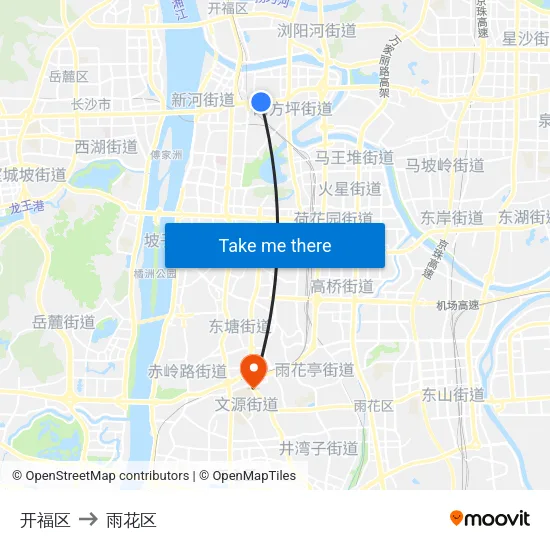开福区 to 雨花区 map