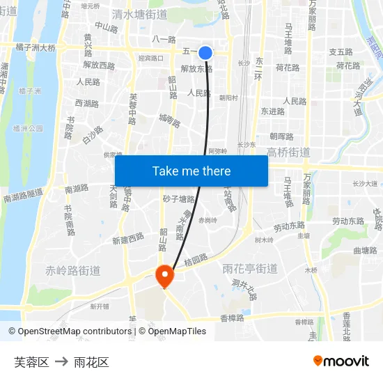 芙蓉区 to 雨花区 map