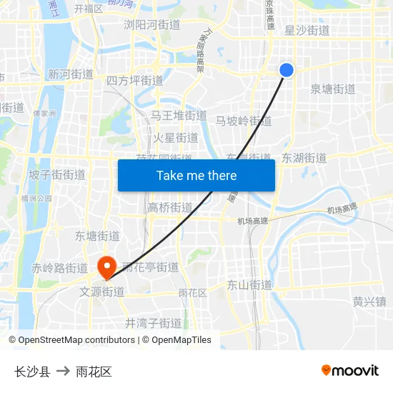 长沙县 to 雨花区 map