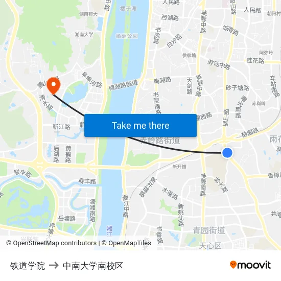 铁道学院 to 中南大学南校区 map