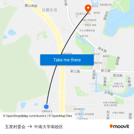 五星村委会 to 中南大学南校区 map