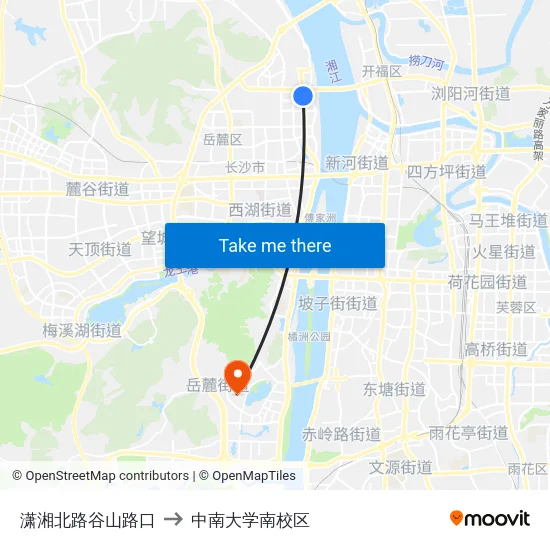 潇湘北路谷山路口 to 中南大学南校区 map