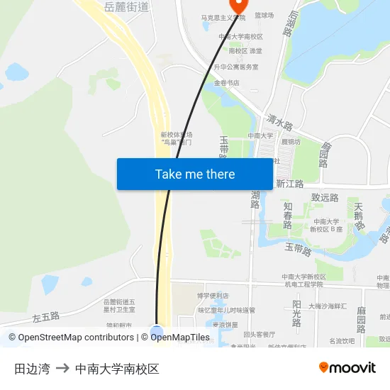田边湾 to 中南大学南校区 map