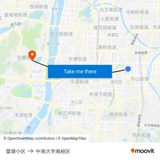 粟塘小区 to 中南大学南校区 map