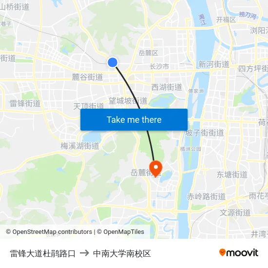 雷锋大道杜鹃路口 to 中南大学南校区 map