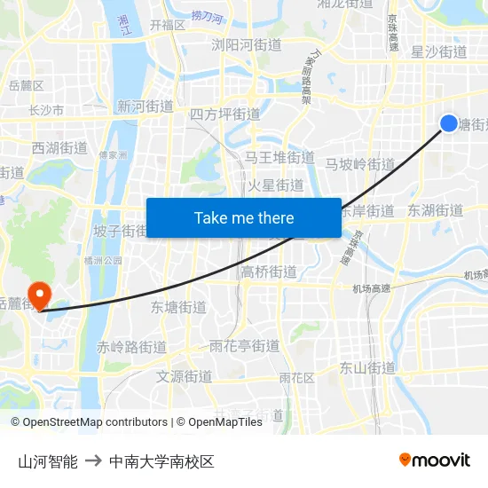 山河智能 to 中南大学南校区 map