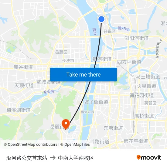 沿河路公交首末站 to 中南大学南校区 map