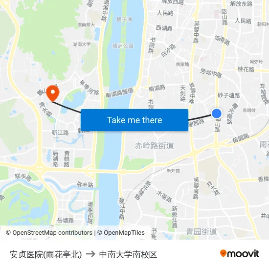 安贞医院(雨花亭北) to 中南大学南校区 map