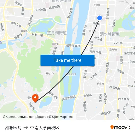 湘雅医院 to 中南大学南校区 map