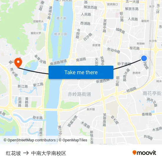 红花坡 to 中南大学南校区 map