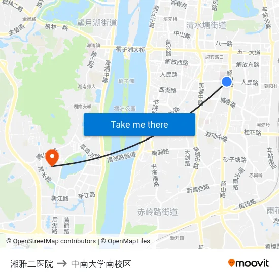 湘雅二医院 to 中南大学南校区 map