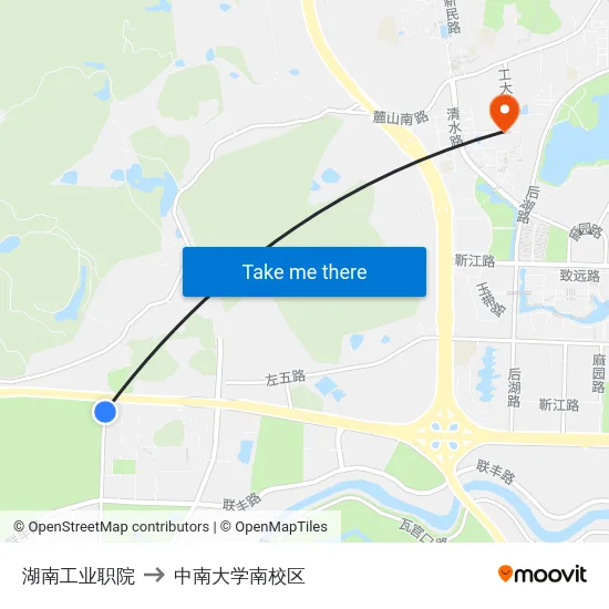 湖南工业职院 to 中南大学南校区 map