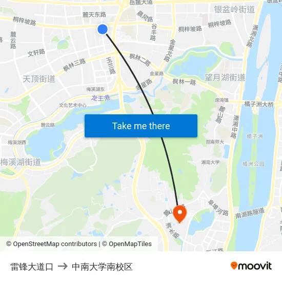 雷锋大道口 to 中南大学南校区 map