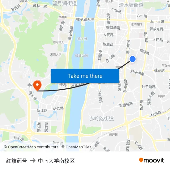红旗药号 to 中南大学南校区 map