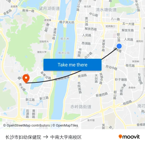 长沙市妇幼保健院 to 中南大学南校区 map