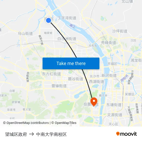 望城区政府 to 中南大学南校区 map