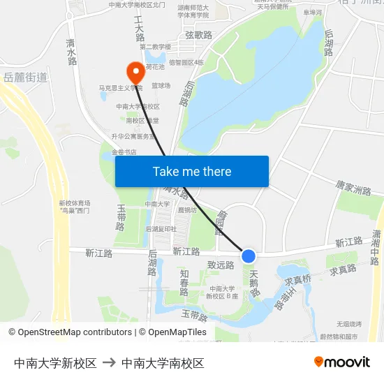 中南大学新校区 to 中南大学南校区 map