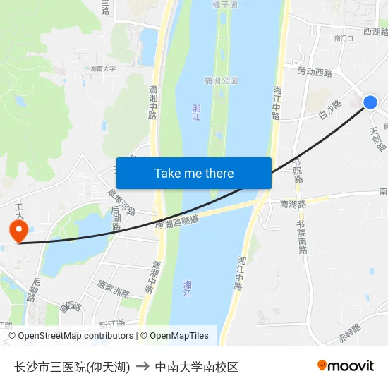 长沙市三医院(仰天湖) to 中南大学南校区 map