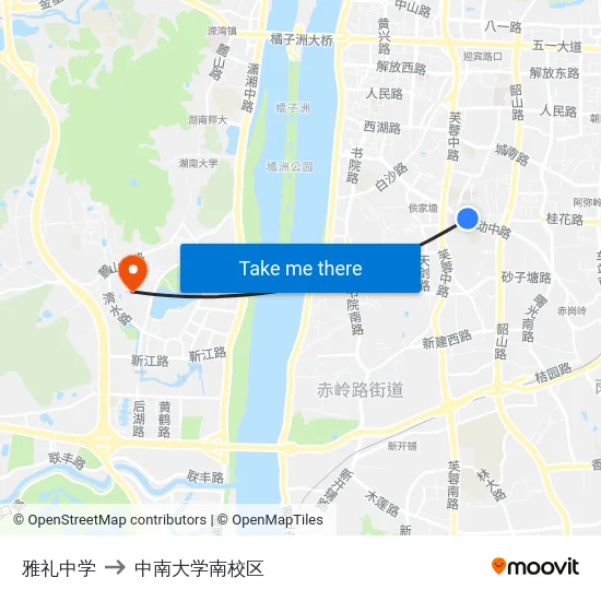 雅礼中学 to 中南大学南校区 map