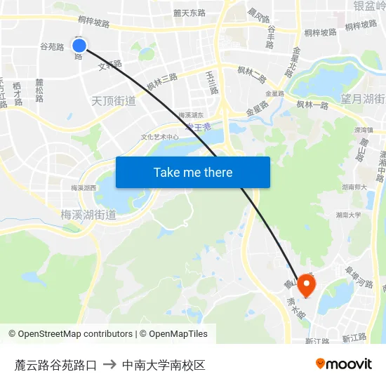 麓云路谷苑路口 to 中南大学南校区 map