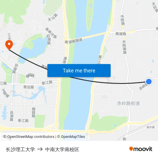长沙理工大学 to 中南大学南校区 map