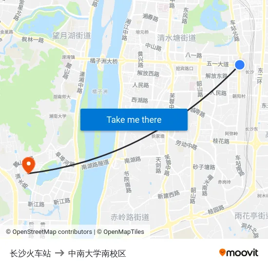 长沙火车站 to 中南大学南校区 map