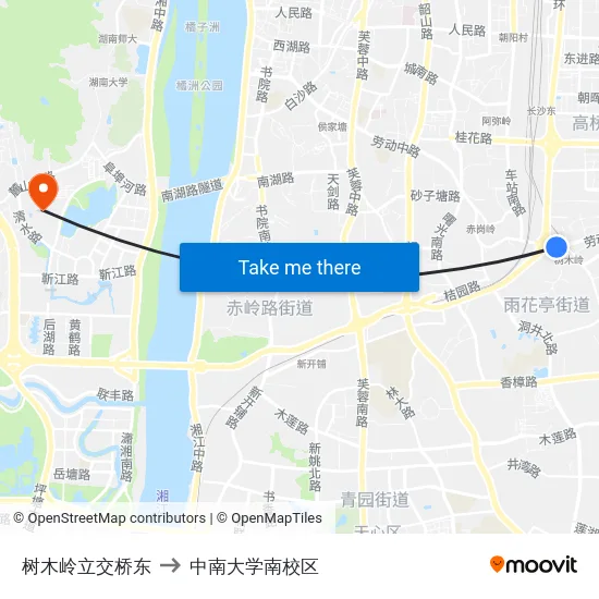 树木岭立交桥东 to 中南大学南校区 map