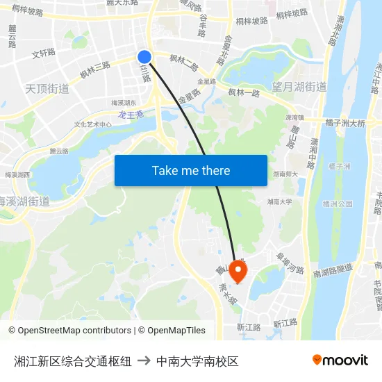湘江新区综合交通枢纽 to 中南大学南校区 map