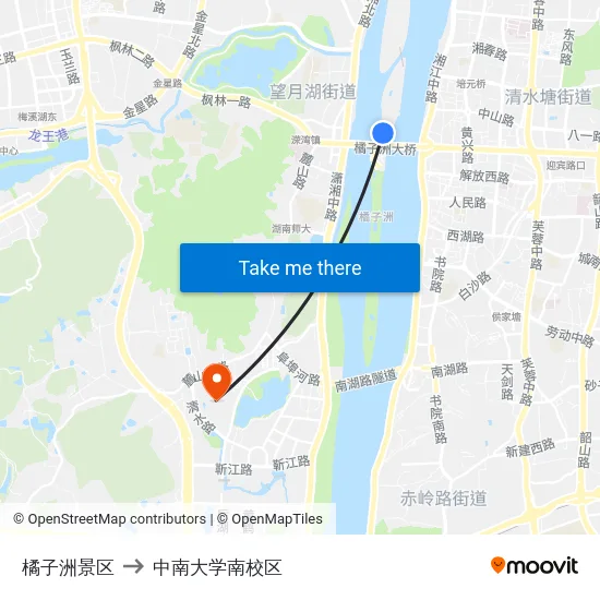橘子洲景区 to 中南大学南校区 map
