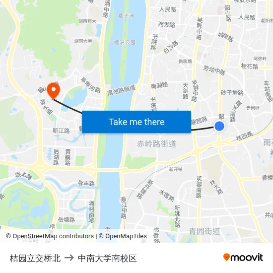 桔园立交桥北 to 中南大学南校区 map
