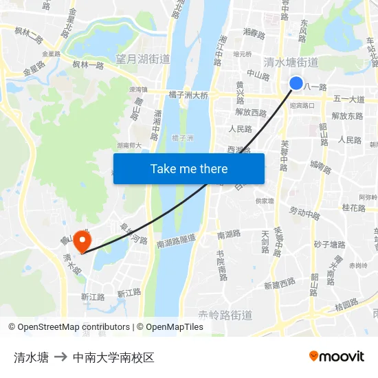 清水塘 to 中南大学南校区 map