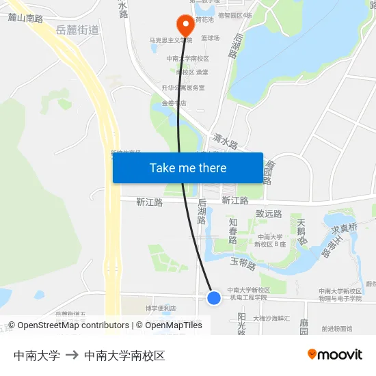 中南大学 to 中南大学南校区 map